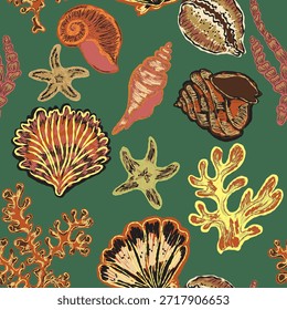 Patrón náutico sin fisuras con conchas pintadas a mano y estrellas de mar en estilo expresivo, líneas texturizadas y atmósfera costera artística para diseños y telas de verano.