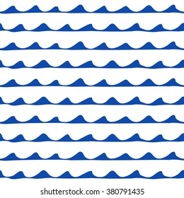 Seamless nautical pattern. Hand painted ink waves in blue and white. Graphic design element for web sites, stationary printables, fabric, scrapbooking, baby shower, wedding invitations, birthday cards