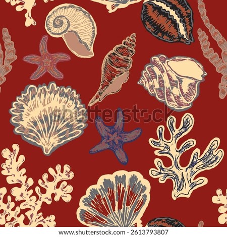 Seamless nautical pattern with hand painted shells and starfish in expressive style, textured lines and artistic coastal atmosphere for summer designs and fabrics.