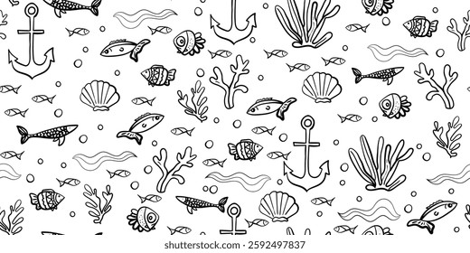 Seamless nautical pattern with hand-drawn fish, anchors, seashells, seaweed, bubbles, and ocean waves in black and white, perfect for marine designs