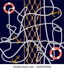 Seamless nautical pattern. Jute ropes, anchors and lifebuoys on dark blue background. Marine textile collection.
