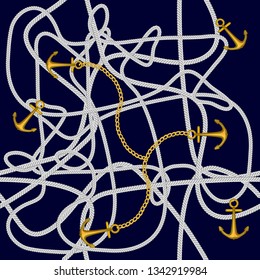 Seamless nautical pattern. Jute ropes, anchors and golden chains on dark blue background. Marine textile collection.