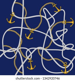 Seamless nautical pattern. Jute ropes, anchors and chains on blue background. Marine textile collection.