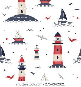 Seamless nautical pattern with lighthouses, sailboats, waves and seabirds in flat style. Marine travel background for summer vacation, maritime navigation theme for banners, posters, textile or web