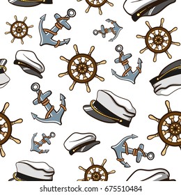 Seamless nautical pattern made from hand drawn elements isolated on white background. Can be used for scrapbook, wallpaper, fabric print, web pages and fills. Vector illustration