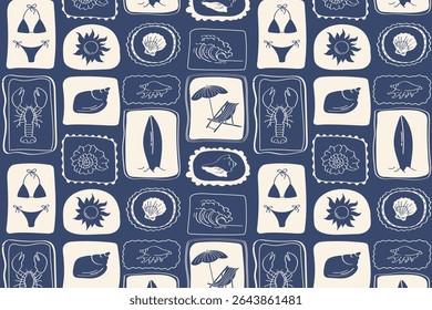 Seamless nautical pattern with marine symbols in square frames hand drawn nautical themed design with bikini, lobster, surfboard and waves in vintage navy blue color.