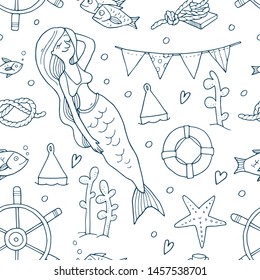 Seamless nautical pattern with mermaid. 