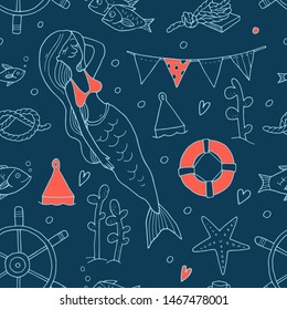 Seamless nautical pattern with mermaid. Navy blue background.