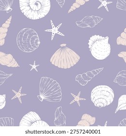 Seamless nautical pattern with ocean shells and starfish creating a coastal beach inspired repeat. Versatile marine background suitable for textile prints, wrapping paper, wallpaper, surface pattern design and summer branding.
