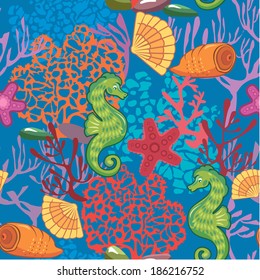 Seamless nautical pattern on blue background with sea horses, fishes, sea stars,  shells, coral reef.  Ready to use as swatch.