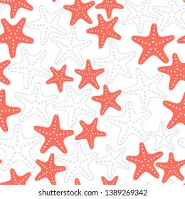 Seamless nautical pattern on white background. Colorful starfish. Vector illustration.