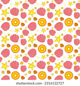 Seamless nautical pattern on white background. Ornament for kids design cartoon drawing. Yellow and red starfish, seashells and pearls. Design fabric, invitation card, banner, cover. Vector 