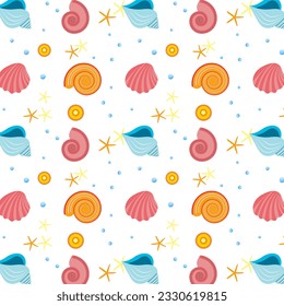 Seamless nautical pattern ornament with starfish and seashells on white background in cartoon style. Isolated on white background. Design fabric, cover, wallpaper, scrapbooking. Drawing vector. 