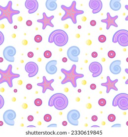 Seamless nautical pattern ornament with starfish and seashells on white background in cartoon style. Isolated on white background. Design fabric, cover, wallpaper, scrapbooking. Drawing vector. 