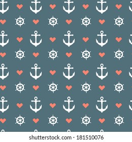 Seamless nautical pattern with red heart, white anchors and ship wheels