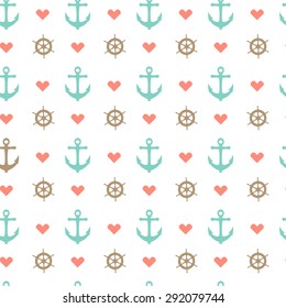 Seamless nautical pattern with red heart, white anchors and ship wheels