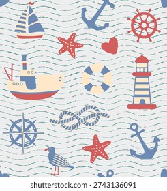 Seamless nautical pattern with sailboats, anchors and seagulls. Sea concept backdrop.