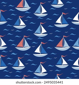 Seamless nautical pattern with sailboats. Cartoon style vector illustration. Summer marine background.