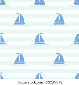 Seamless nautical pattern with sailing ship. Vector illustration in flat design style.
