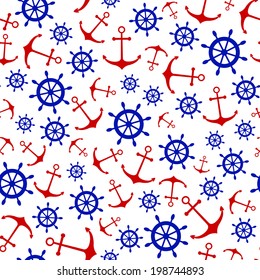 Seamless nautical pattern with scattered anchors and ship wheels. Vector illustration.