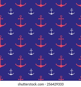 Seamless nautical pattern with scattered anchors and ship wheels. Design element for wallpapers, baby shower invitation, birthday card, scrapbooking, fabric print etc.