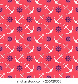 Seamless nautical pattern with scattered anchors and ship wheels. Design element for wallpapers, baby shower invitation, birthday card, scrapbooking, fabric print etc.