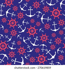Seamless nautical pattern with scattered anchors and ship wheels. Design element for wallpapers, baby shower invitation, birthday card, scrapbooking, fabric print etc.