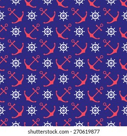 Seamless nautical pattern with scattered anchors and ship wheels. Design element for wallpapers, baby shower invitation, birthday card, scrapbooking, fabric print etc.