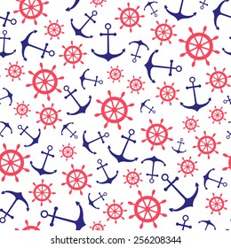 Seamless nautical pattern with scattered blue anchors and red ship wheels on white background. Design element for wallpapers, baby shower invitation, birthday card, scrapbooking, fabric print etc.