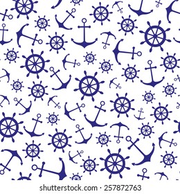 Seamless nautical pattern with scattered blue anchors and ship wheels on white background. Design element for wallpapers, baby shower invitation, birthday card, scrapbooking, fabric print etc.