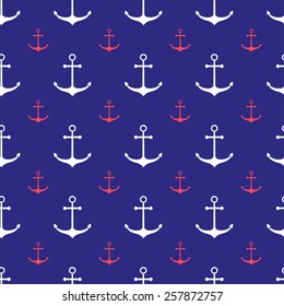 Seamless nautical pattern with scattered red and white anchors on blue background. Design element for wallpapers, baby shower invitation, birthday card, scrapbooking, fabric print etc.