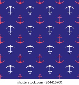 Seamless nautical pattern with scattered red and white anchors on blue background. Design element for wallpapers, baby shower invitation, birthday card, scrapbooking, fabric print etc.