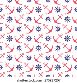 Seamless nautical pattern with scattered red and blue anchors on white background. Design element for wallpapers, baby shower invitation, birthday card, scrap booking, fabric print etc. 
