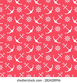 Seamless nautical pattern with scattered red anchors and ship wheels on white background. Design element for wallpapers, baby shower invitation, birthday card, scrapbooking, fabric print etc.