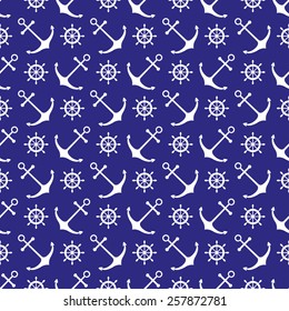 Seamless nautical pattern with scattered white anchors and ship wheels on blue background. Design element for wallpapers, baby shower invitation, birthday card, scrapbooking, fabric print etc.