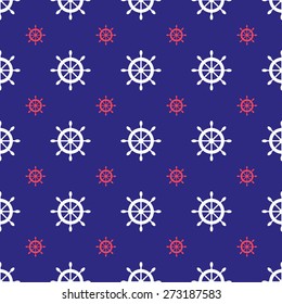Seamless nautical pattern with scattered white ship wheels on blue background. Design element for wallpapers, baby shower invitation, birthday card, scrapbooking, fabric print etc.