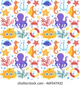 Seamless nautical pattern. Sea, octopus, crab, corals, fish, anchor, starfish, seahorse, submarine. Underwater world.