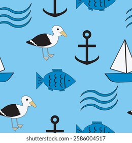 Seamless nautical pattern with seagulls, anchors, waves, and fish. Vector design, perfect for birthday invitations, party decorations, kids' products, textiles, and wrapping paper.