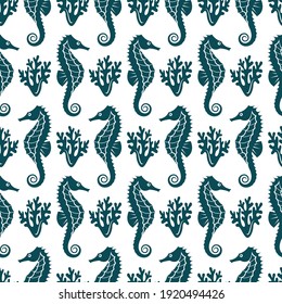 seamless nautical pattern with seahorse and coral on white background