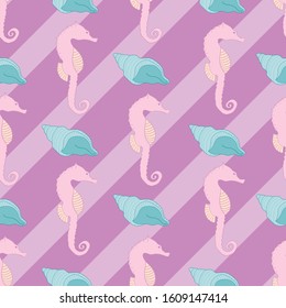 Seamless nautical pattern with seahorse and seashell on purple stripes
