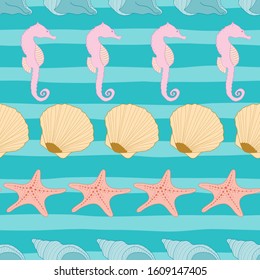 Seamless nautical pattern with seahorse and seashells on green stripes