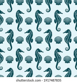 seamless nautical pattern with seahorse and shell