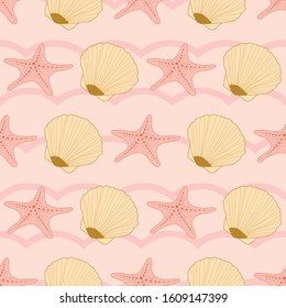 Seamless nautical pattern with seashells and starfish on pink waves background