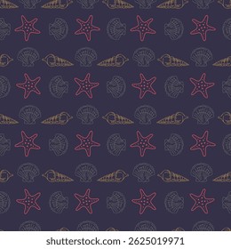 Seamless nautical pattern with seashells and starfish in red and beige line art on dark blue background. Elegant marine design for fabric, wrapping paper, summer decoration and ocean-themed projects.