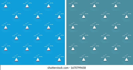 seamless nautical pattern set of seagulls and sailing on waves