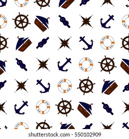 Seamless nautical pattern with ship anchor compass life ring rope ship's wheel blue brown white orange