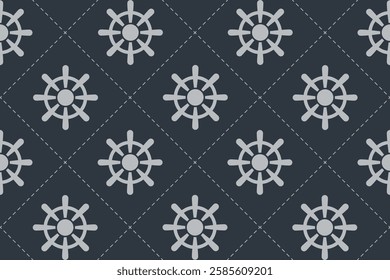 Seamless nautical pattern with ship wheels on dark background for marine designs