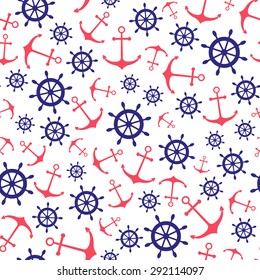 Seamless nautical pattern with ship wheels and anchors. Design element for wallpapers, web site background, baby shower invitation, birthday card, scrapbooking, fabric print etc. Vector illustration.
