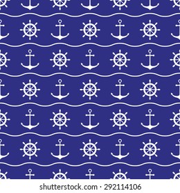Seamless nautical pattern with ship wheels and anchors. Design element for wallpapers, web site background, baby shower invitation, birthday card, scrapbooking, fabric print etc. Vector illustration.
