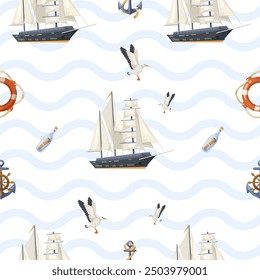 Seamless nautical pattern with ships, seagulls, and marine elements. Vector illustration